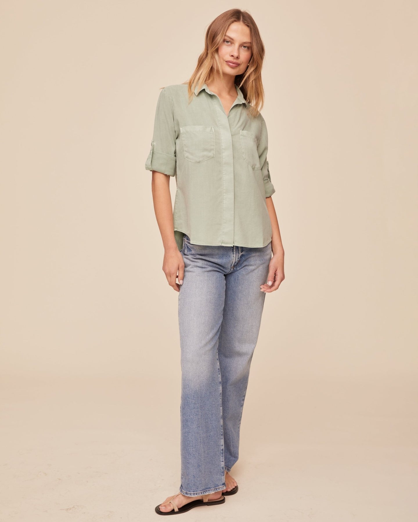 Print Your PostSplit Back Button Down - Oasis GreenTops