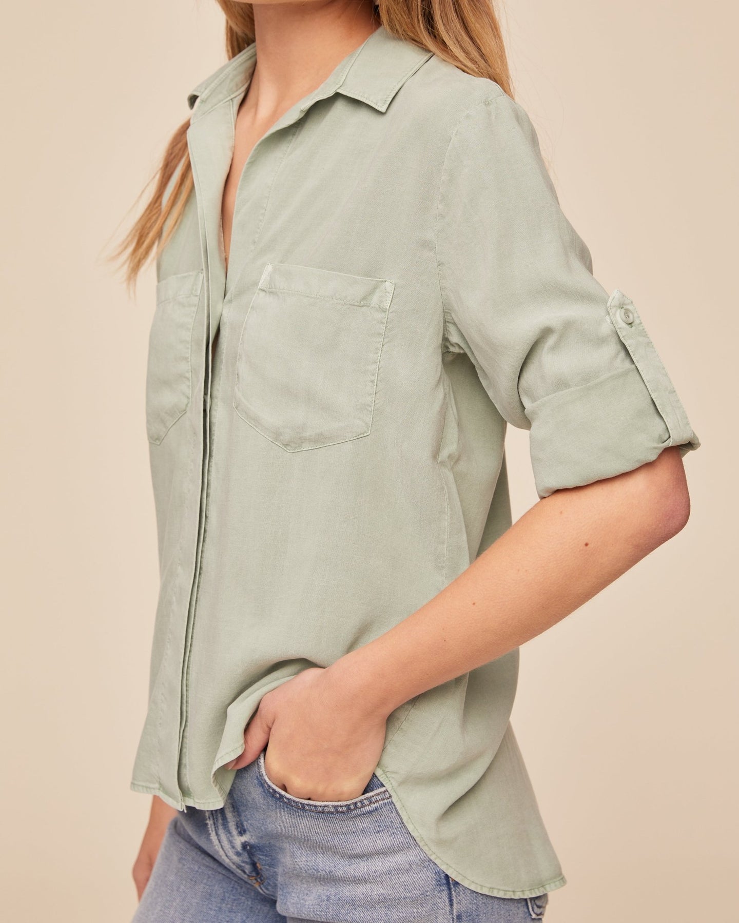 Print Your PostSplit Back Button Down - Oasis GreenTops