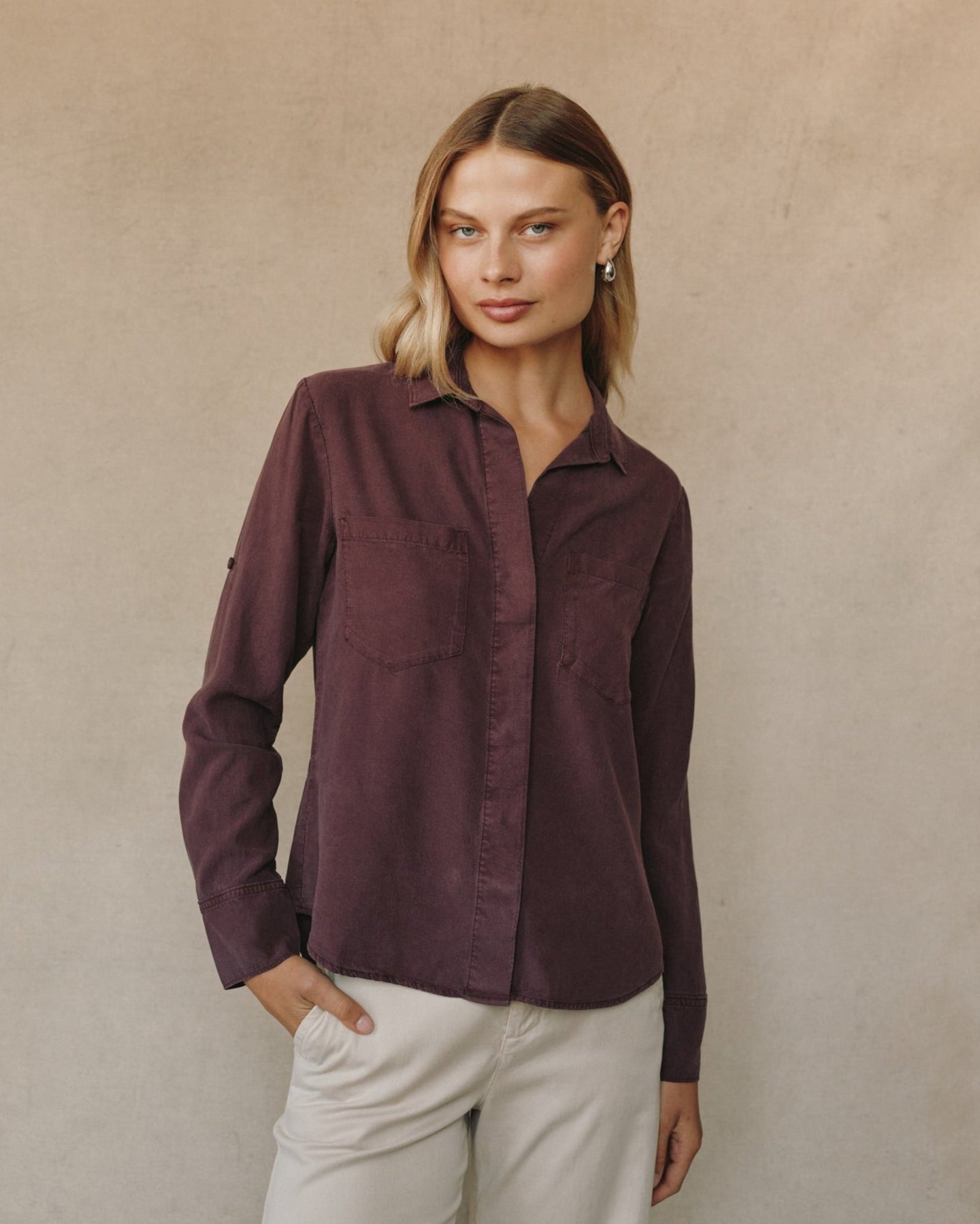 Print Your PostSplit Back Button Down - Pinot NoirTops