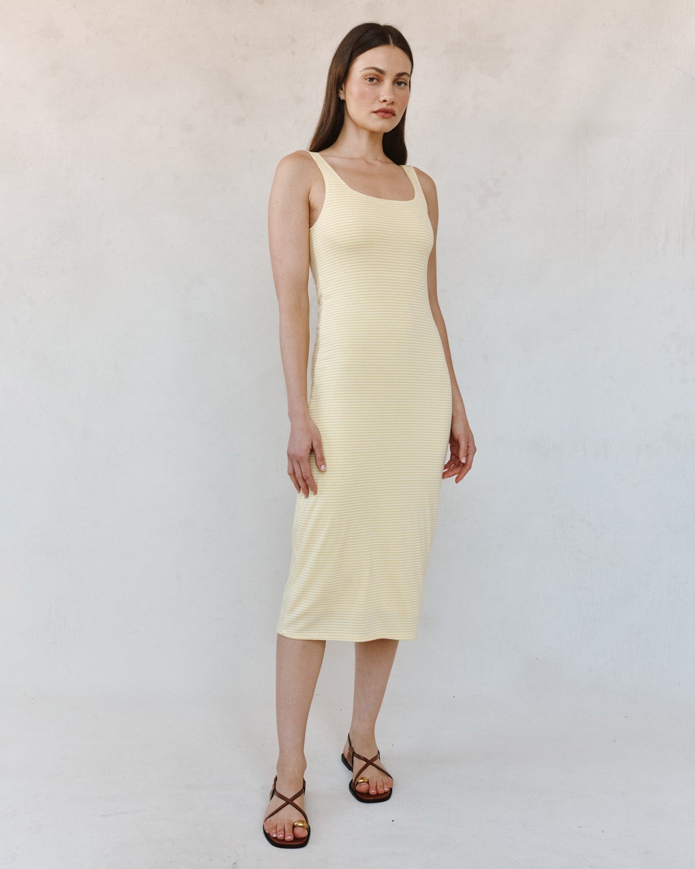Print Your PostSquare Neck Fitted Midi Dress - Lemon Meringue StripeDresses
