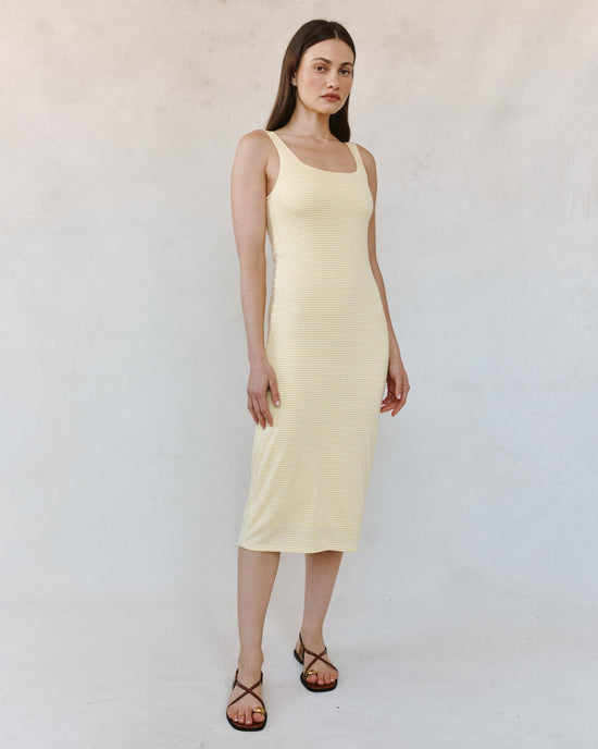 Print Your Post Square Neck Fitted Midi Dress - Lemon Meringue Stripe View 2
