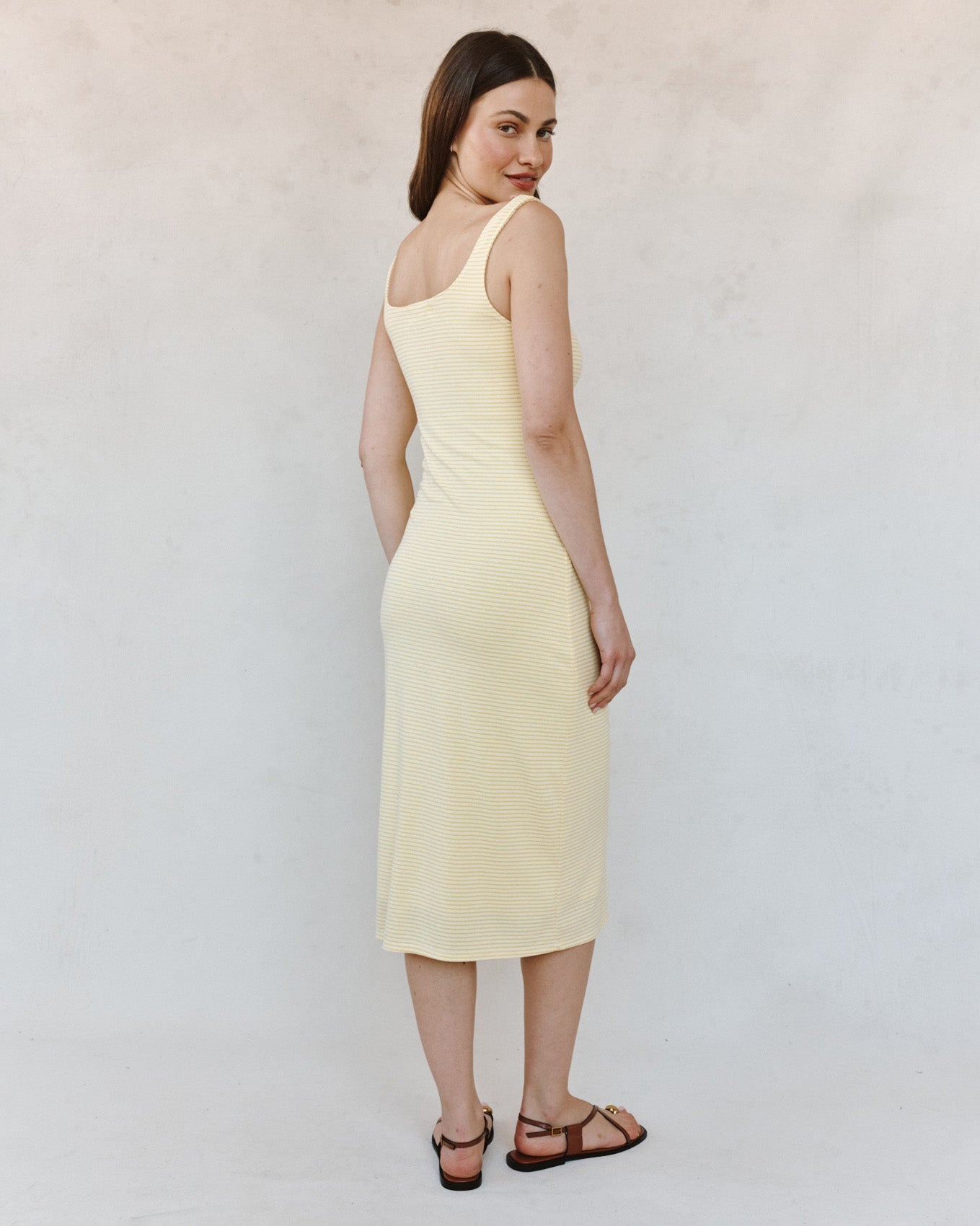 Print Your PostSquare Neck Fitted Midi Dress - Lemon Meringue StripeDresses