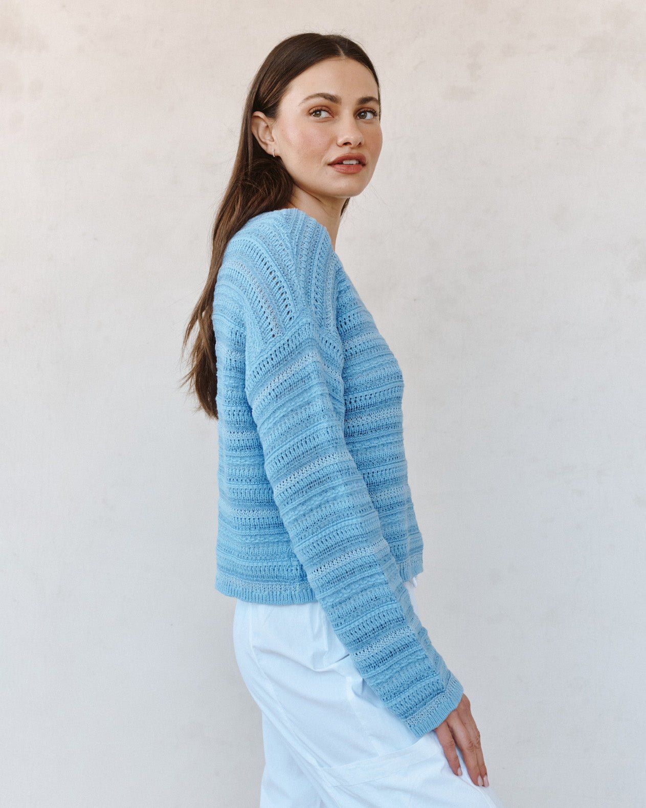 Print Your PostTextured Crew Neck Sweater - Sea Breeze BlueSweaters