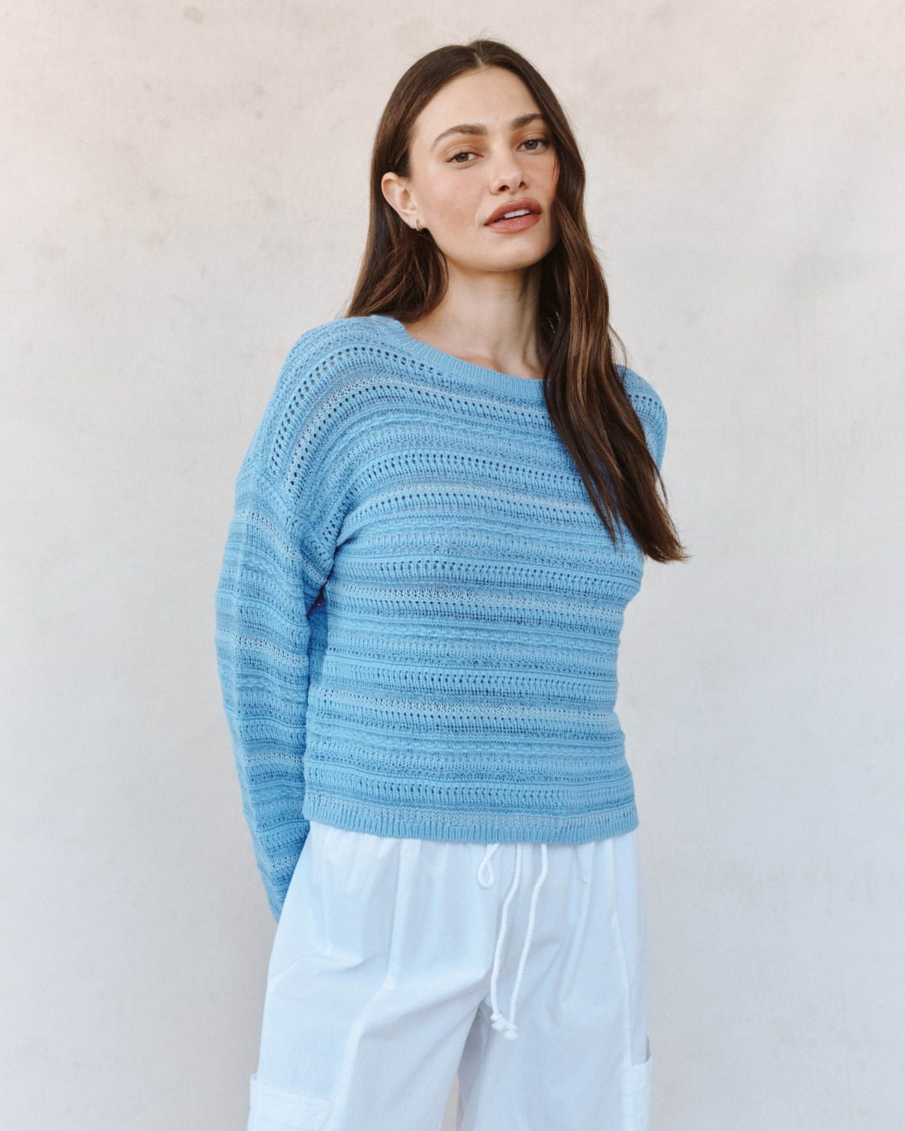 Print Your PostTextured Crew Neck Sweater - Sea Breeze BlueSweaters