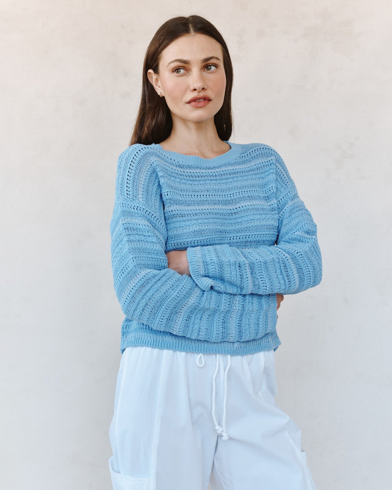 Print Your PostTextured Crew Neck Sweater - Sea Breeze BlueSweaters