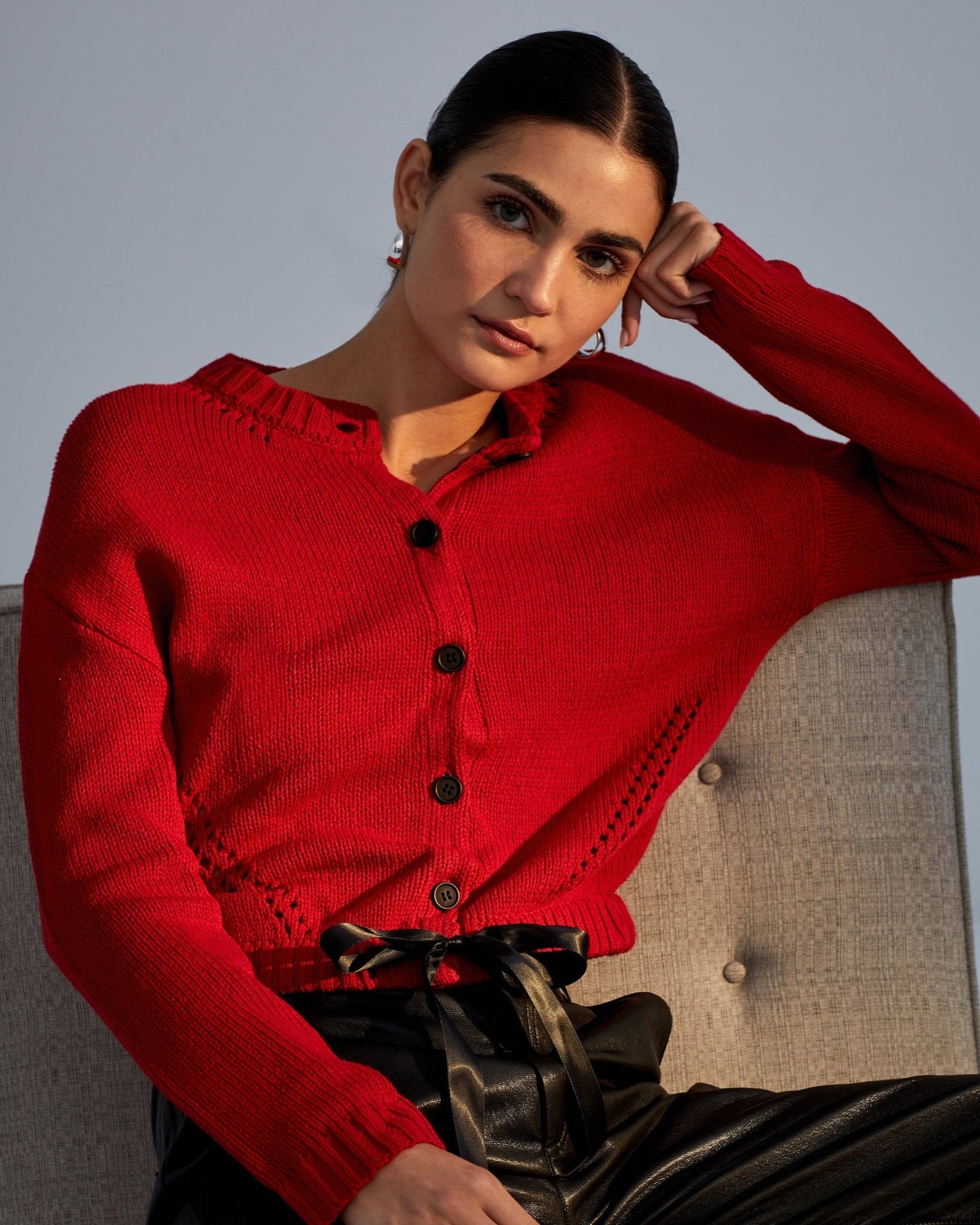 Print Your PostTie Waist Cardigan - Crimson CherryTops