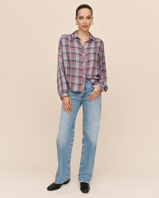 Print Your Post Trimmed Flowy Shirt - Silver Shimmer Plaid View 2
