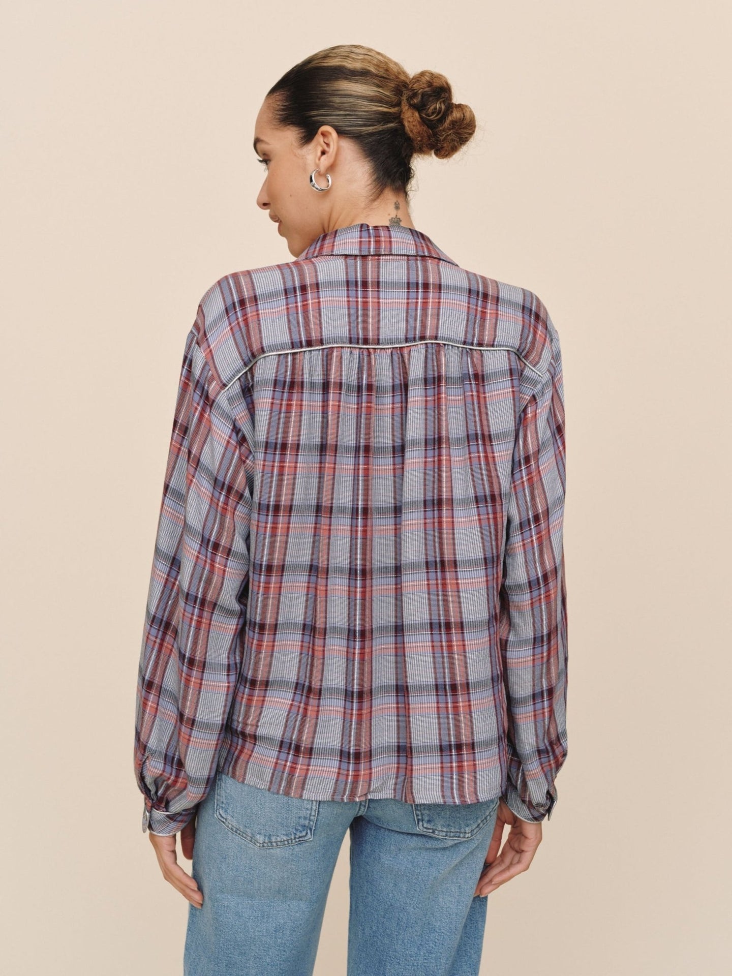 Print Your PostTrimmed Flowy Shirt - Silver Shimmer PlaidTops