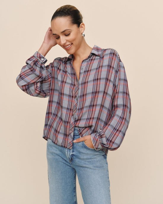 Print Your Post Trimmed Flowy Shirt - Silver Shimmer Plaid