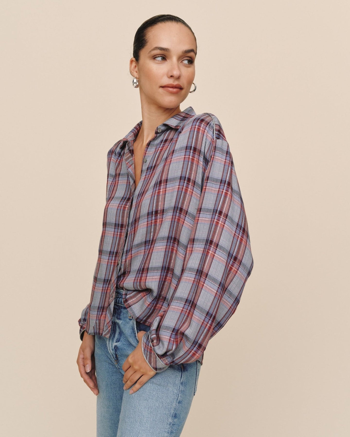 Print Your PostTrimmed Flowy Shirt - Silver Shimmer PlaidTops