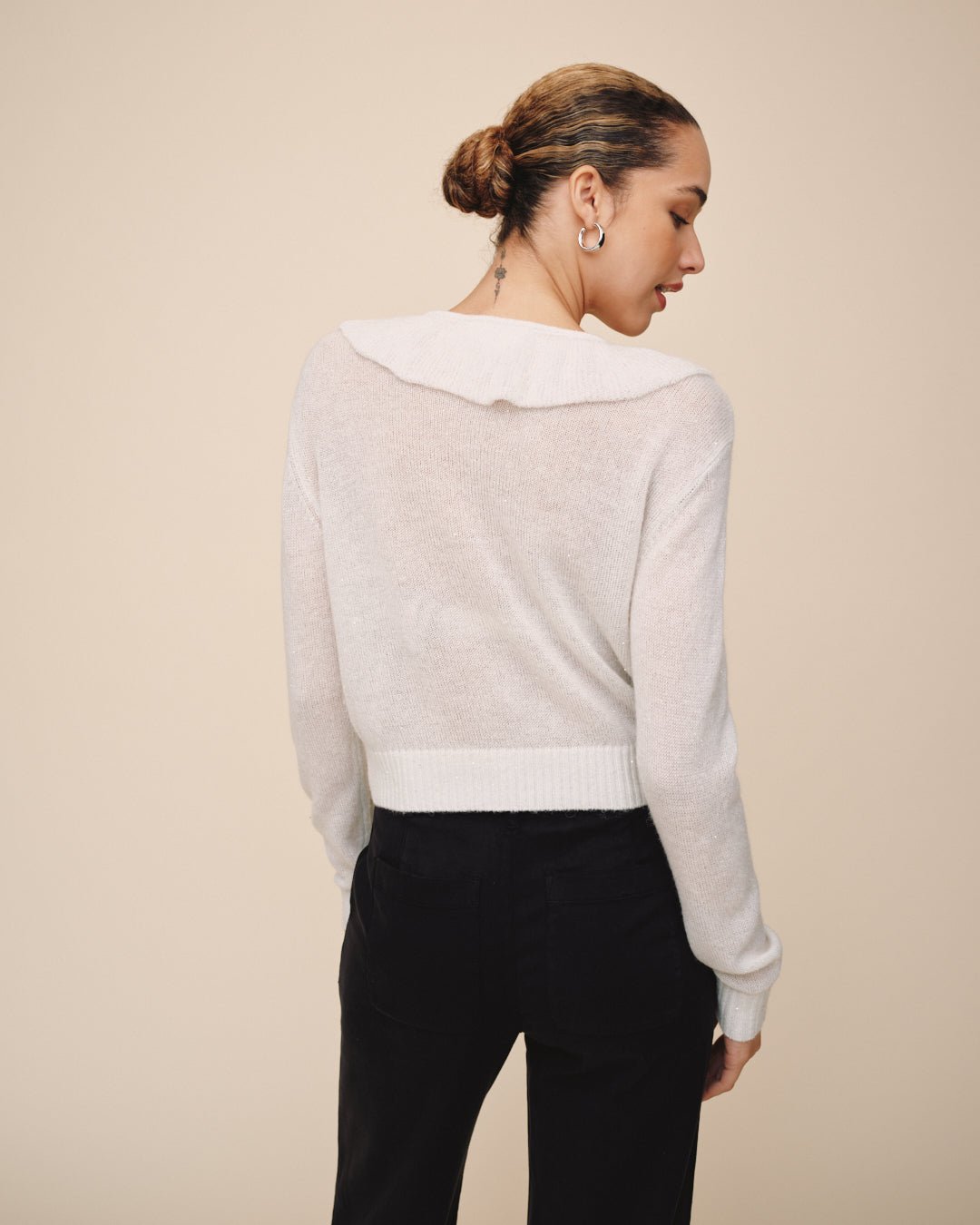 Print Your PostV Neck Ruffle Cardigan - Icy WhiteTops