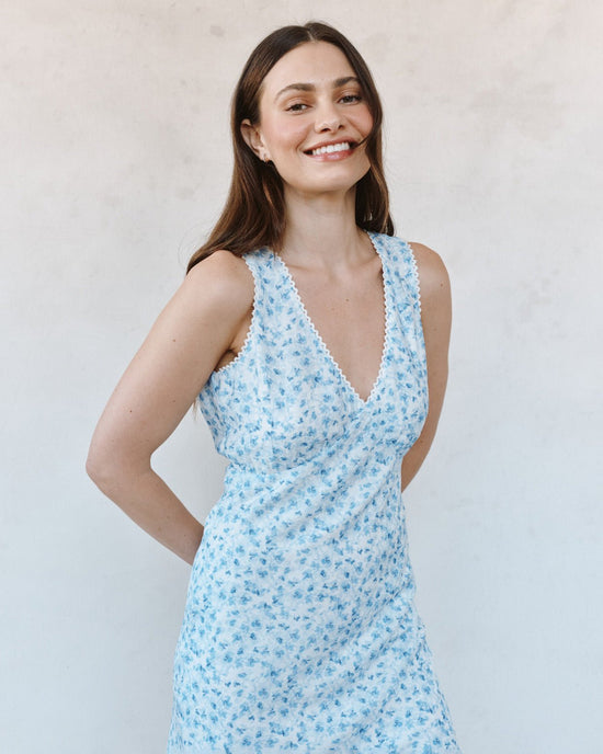 Print Your Post V-Neck Tie Back Bias Maxi Dress - Blue Ditsy Floral Print View 2