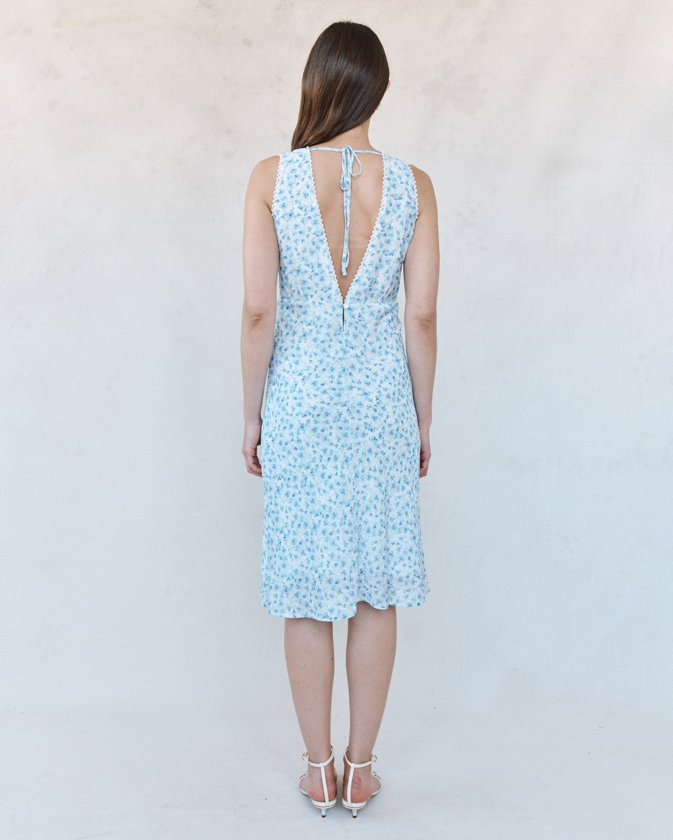 Print Your PostV - Neck Tie Back Bias Maxi Dress - Blue Ditsy Floral PrintDresses
