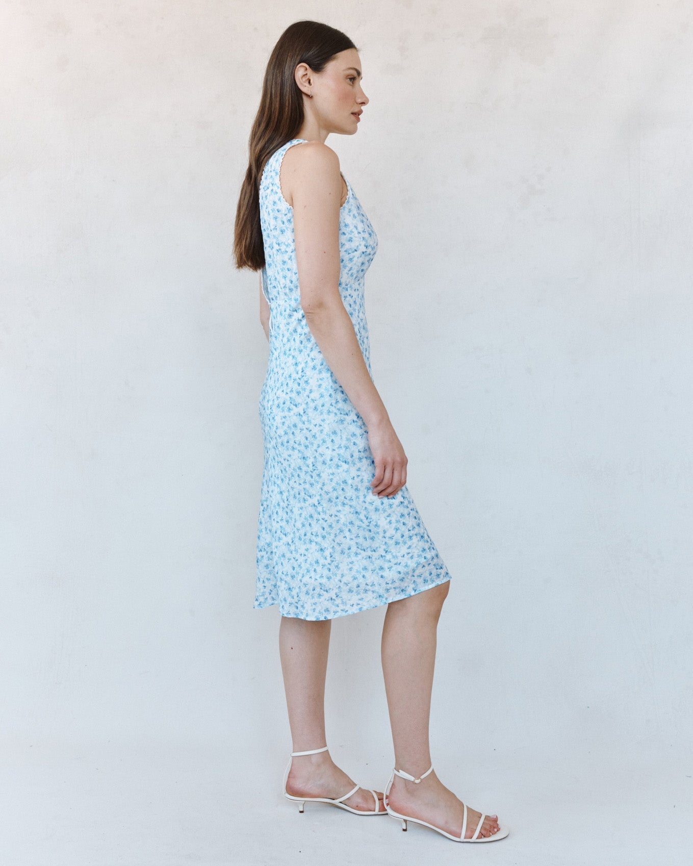 Print Your PostV - Neck Tie Back Bias Maxi Dress - Blue Ditsy Floral PrintDresses